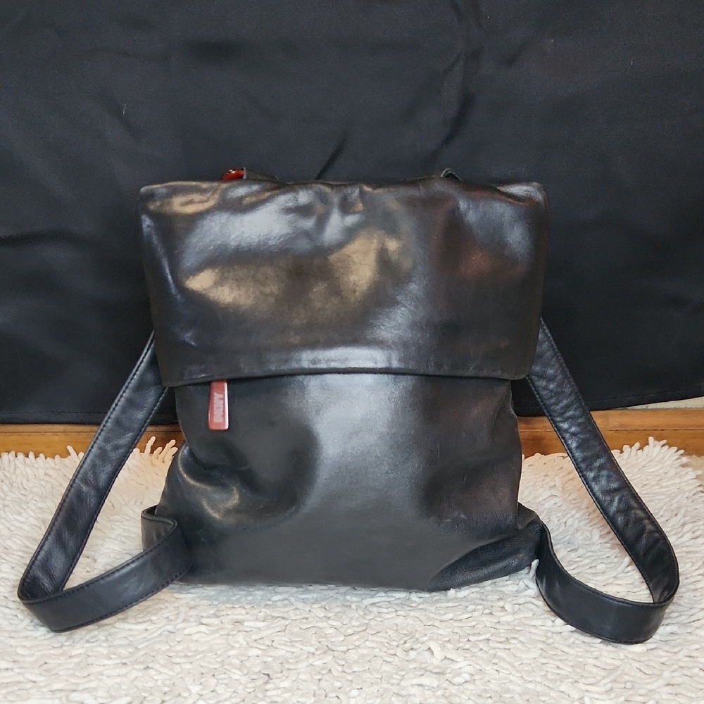 DKNY Black Leather Backpack with Adjustable Straps